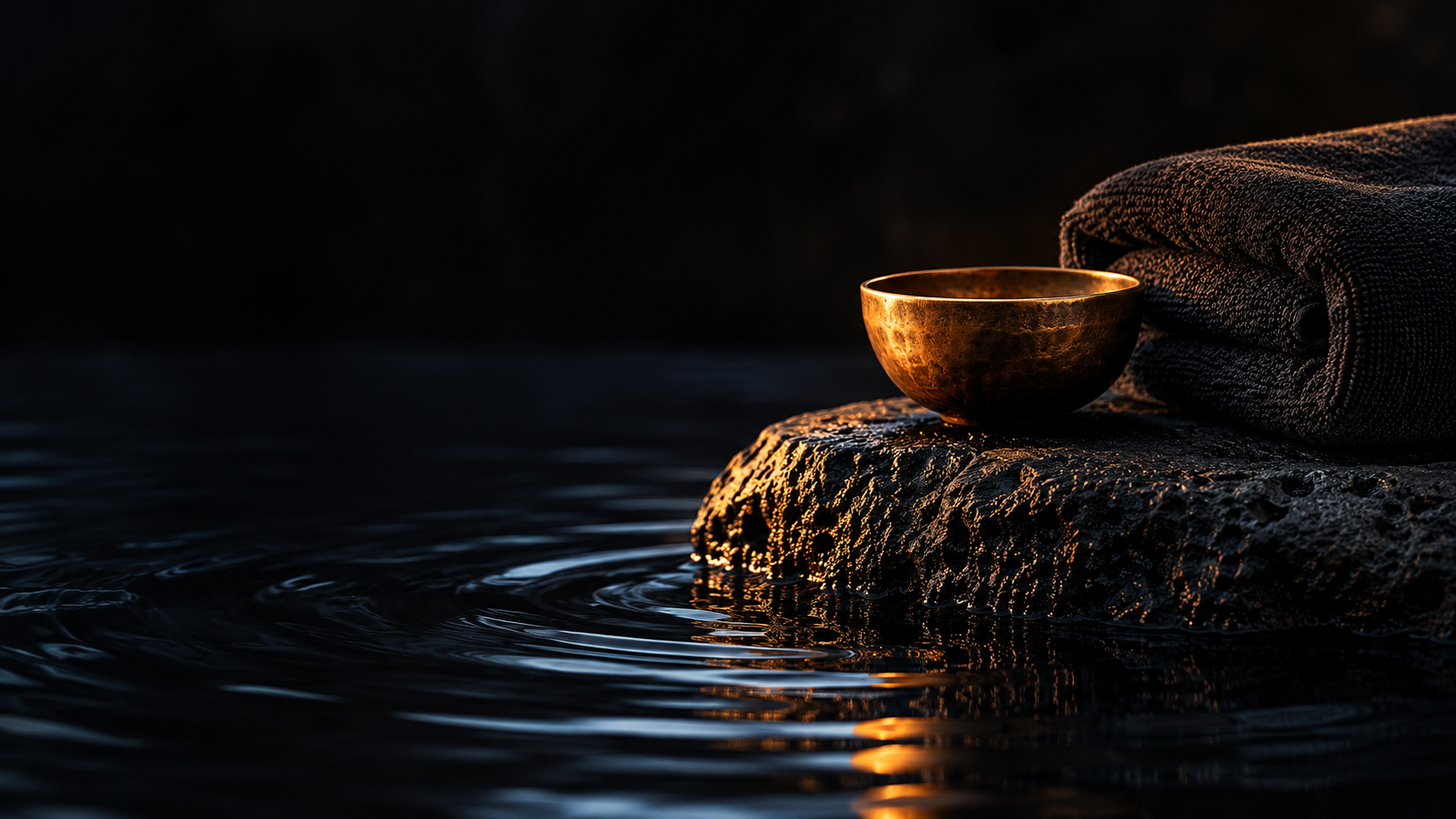 Dark stone, warm bronze and quiet water in an editorial spa still life